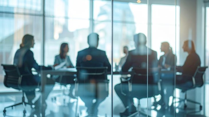 Corporate meeting visible through glass reflection, professionals discussing in a business room background